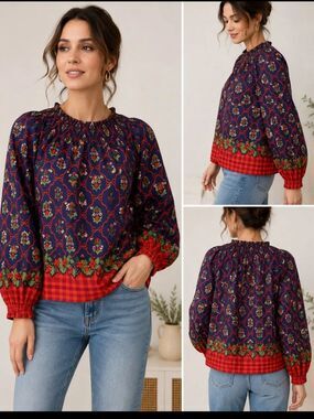 NWOT LEA Navy Floral Smocked-Neck Blouse with Red Gingham Hem